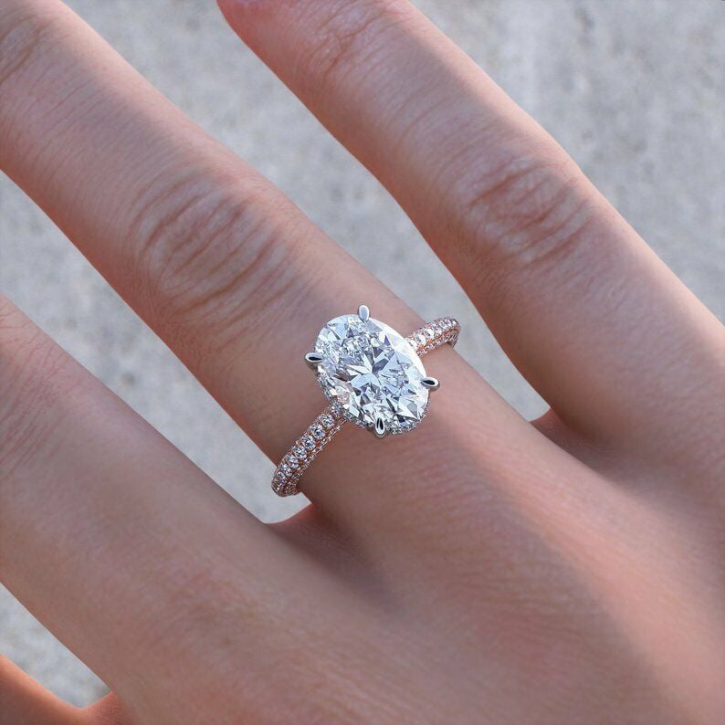 HeartsAndYou 2ct Oval Cut Moissanite Hidden Halo Engagement Ring for Women 18k Rose Gold over Silver Round Accent