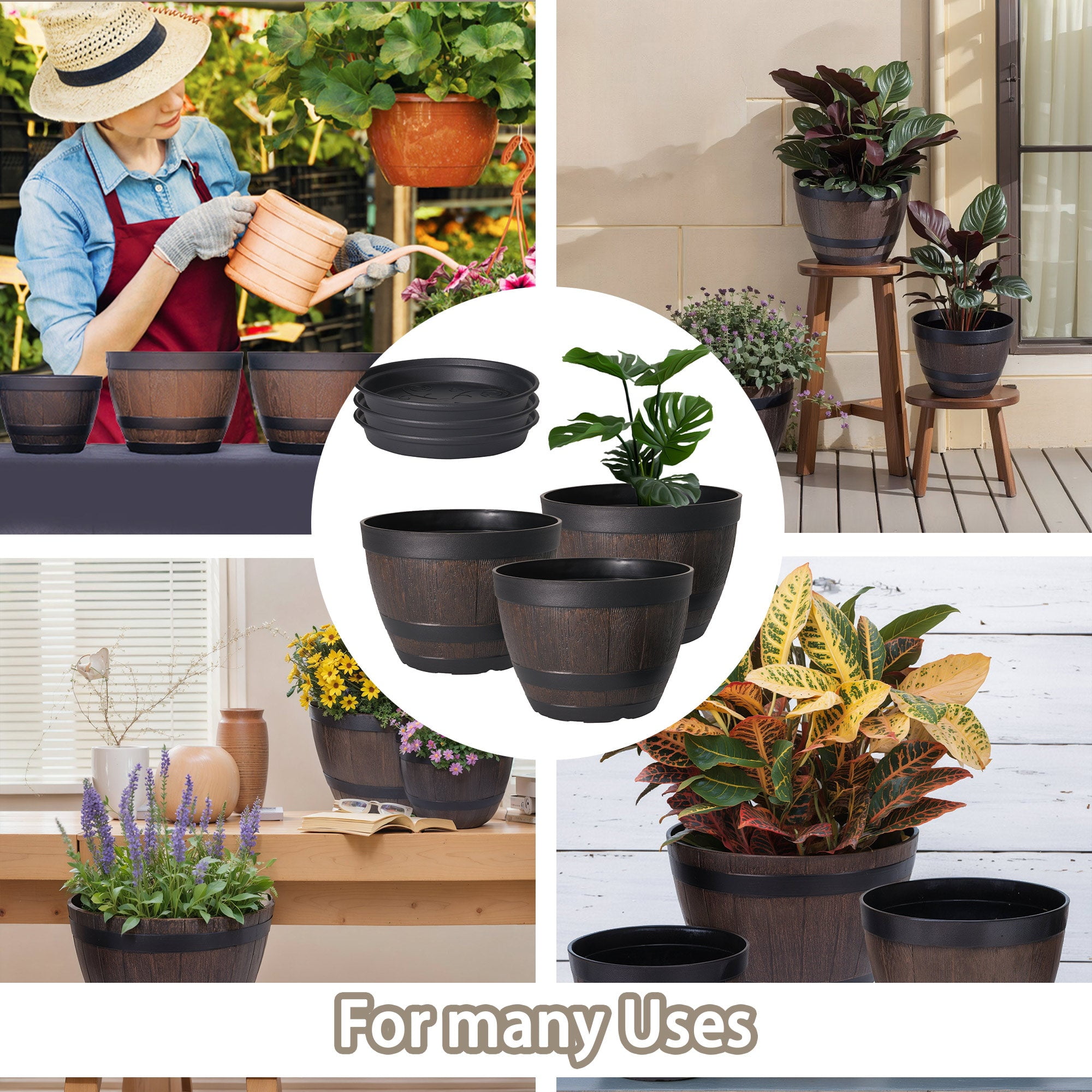 VECELO 3 Pack 9 inch Plant Pots, Whiskey Barrel Planters with Drainage Holes & Saucer, Plastic Imitation Wine Barrel Decoration Flower Pots, for Indoor & Outdoor Garden Home Plants, Brown
