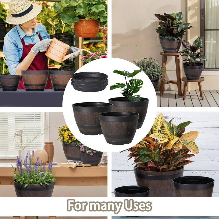 VECELO 3 Pack 9 inch Plant Pots, Whiskey Barrel Planters with Drainage  Holes & Saucer, Plastic Imitation Wine Barrel Decoration Flower Pots, for  Indoor & Outdoor Garden Home Plants, Brown - Walmart.com