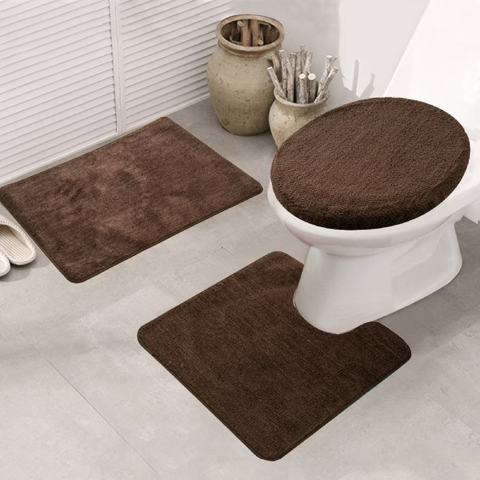 Eurhowing Bath Rug Set 3-Piece, Microfiber Non-Slip Absorbent Bathroom Mat Set, Ultra Soft Bath Mat with U-Shaped Contour Rug & Toilet Lid, Coffee