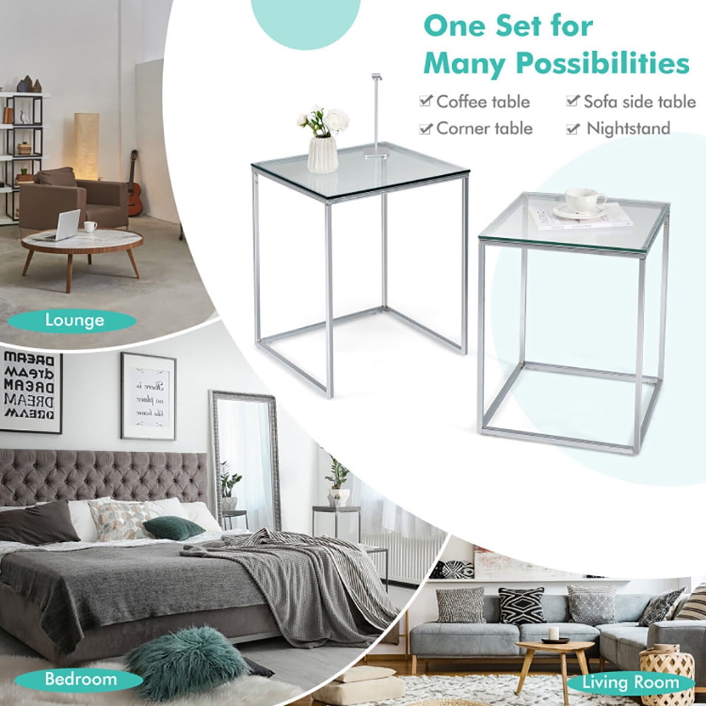 Finihen Coffee Table, Nesting Coffee Table, 2 Pieces Modern Nesting Coffee Table with Tempered Glass Top and Steel Frame, for Living Room, Reception Room, Sliver Finihen Coffee Table, Nesting Coffee Table, 2 Pieces Modern Nesting Coffee Table with Tempered Glass Top and Steel Frame, for Living Room, Reception Room, Sliver