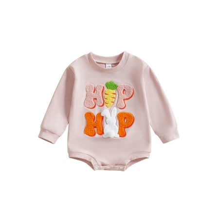 

Awevudst Baby Girls Easter Romper Clothes Long Sleeve Carrot Rabbits Letters Embroidery Spring Jumpsuit Bodysuit