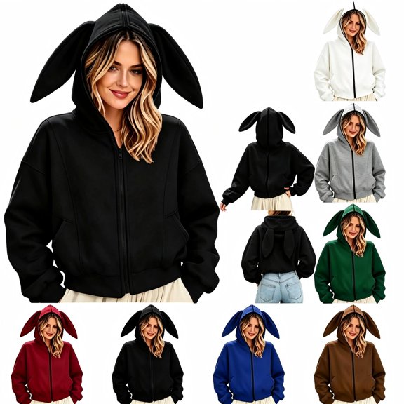 Tqcoqu Women's Cute Bunny Ear Zip Up Hoodie,Cropped Long Sleeve Loose Casual Sweatshirt Jacket with Kangaroo Pocket,2026 Trendy Outerwear Tops,Black Women's S-XXL