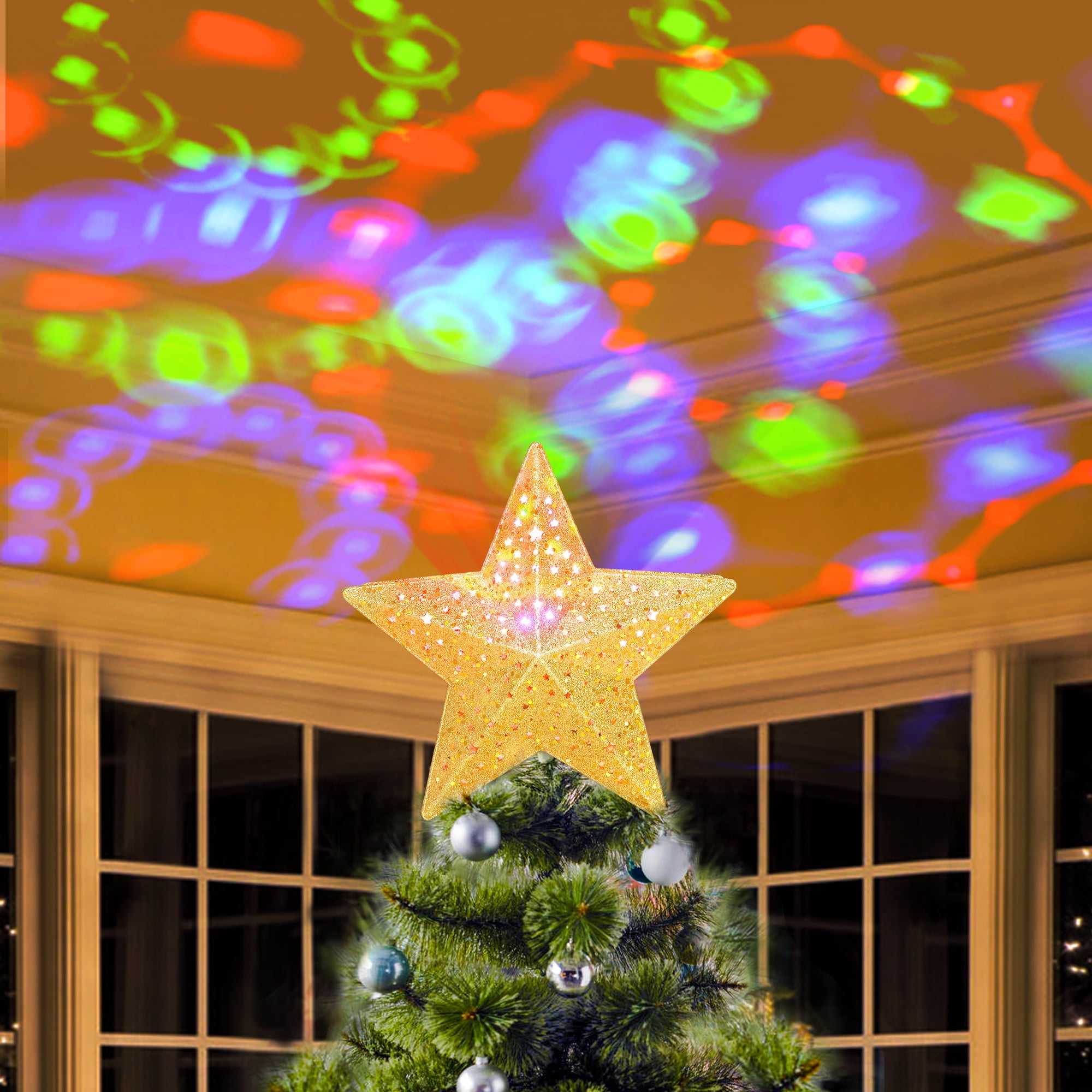 KPCB Christmas Tree Topper Upgraded Colorchanging Projection with Gold Glittery Surface Tree