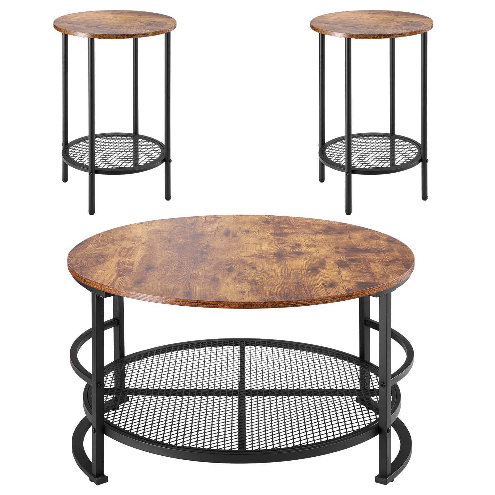 KFFKFF 3-Piece Round Coffee Table Set, 31.5-Inch Industrial Style Table with Two Side Tables, Easy-to-Assemble Metal-Leg Design for Living Room, Office, or Apartment