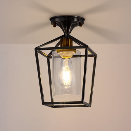 YANSUN Hallway Light Fixtures Ceiling,Semi Flush Mount Ceiling Lights Fixtures Black Metal Cage Indoor Industrial Ceiling Lights Modern Glass Ceiling Light Fixture for Porch Entryway Foyer Bathroom