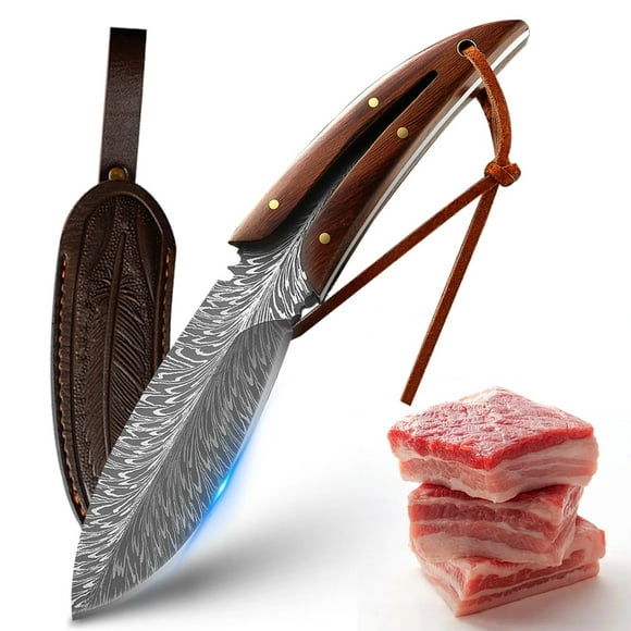 3.5inch Kitchen Knife Full Tang Butcher Knife High Carbon Steel Unique Feather Knife with Leather Sheath Stainless Steel Fruit Slicing Knives Outdoor Camping Knife