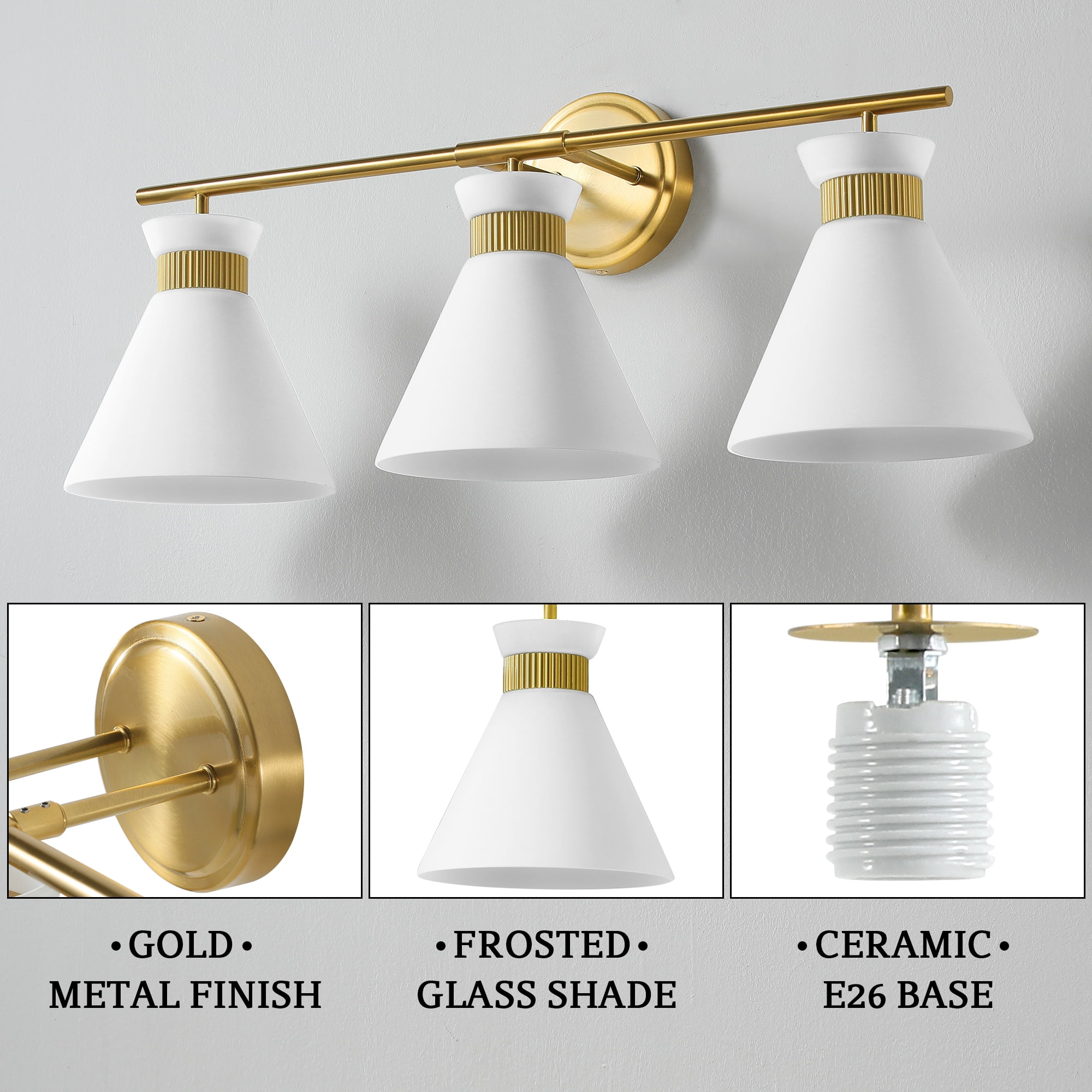 3-Lights Vanity Lights for Bathroom Gold Wall Sconce Lighting with Frosted Milky Glass for Over Mirror Bedroom Hallway