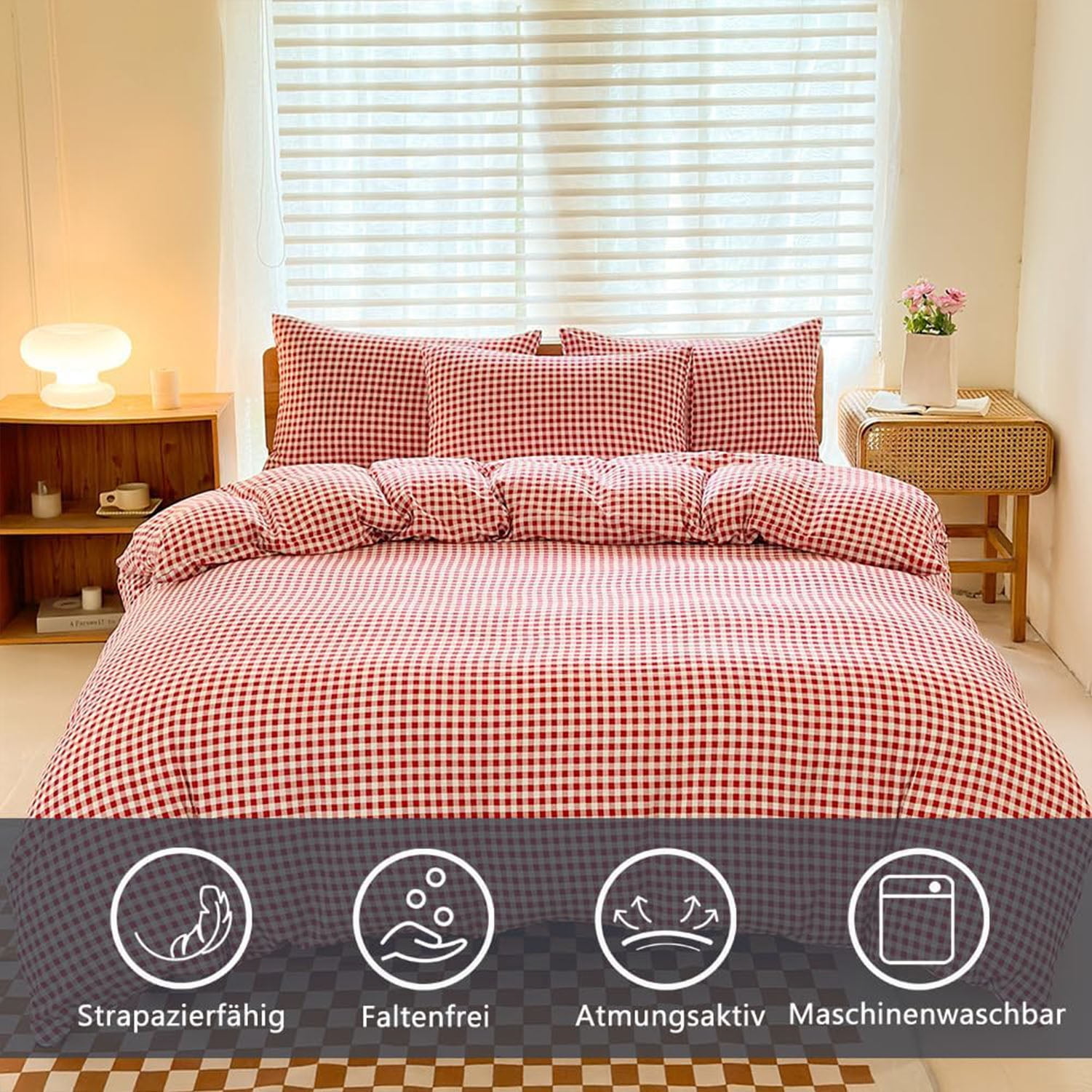 Red Gingham King Comforter Set, Red Plaid Bedding Set, Checked Bed Comforter 3 Pieces(Red Gingham, King)