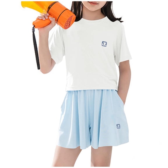 Amidoa Girls Summer 2 Piece Outfits Cute Short Sleeve and Casual Shorts Kids Clothing Set Sky Blue Size Sky Blue Size 12