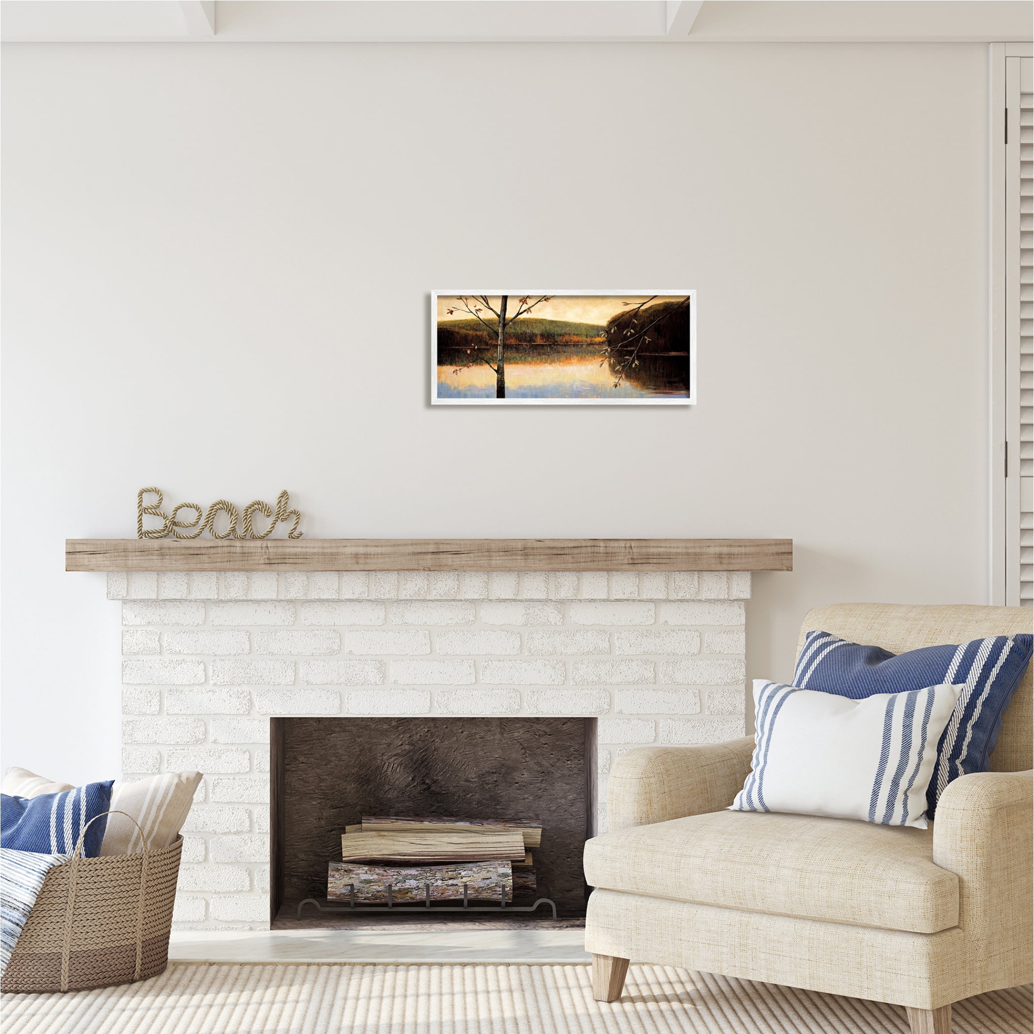 Stupell Industries Autumn Trees by Lake Nature Painting White Framed Art Print Wall Art, 24 x 10