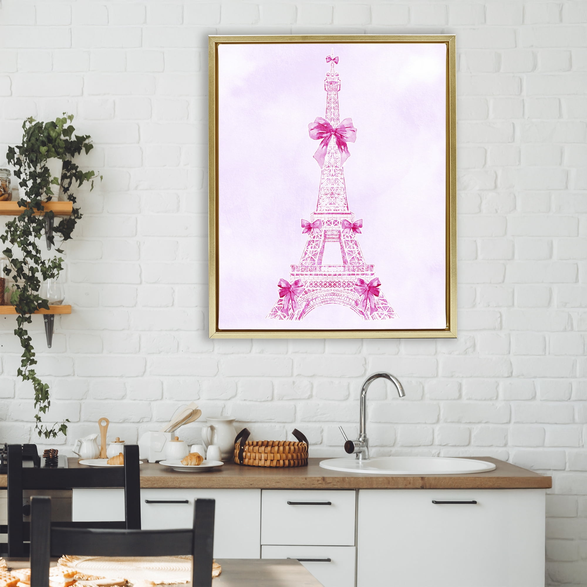 Stupell Industries Ribbon Bedecked Eiffel Tower Gold Framed Floater Canvas Wall Art, design by Ziwei Li