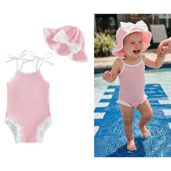 Toddler Swimsuits Adjustable Straps 1 Piece Swimming Suits Quick Dry Swimwear with Hat Toddler Girl Bathing Suits 18-24 Months