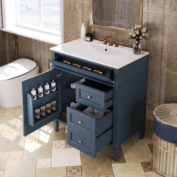 Miekor Furniture 30" Bathroom Vanity with Top Sink, Modern Bathroom Storage Cabinet with 2 Drawers and a Tip-out Drawer, Single Sink Bathroom Vanity 30698