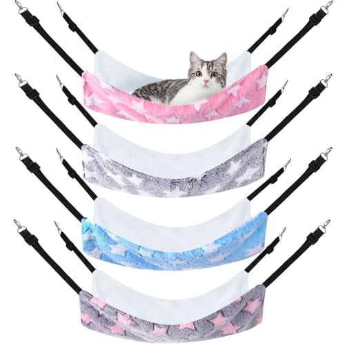 4 Pcs Cat Hammock for Cage Hanging Soft Pet Hammock Bed with Adjustable Straps and Metal Hooks Double Sided Bed for Large & Small Cats Ferret Rat Sugar Glider Puppy(Large Star,16 x 20 Inch)