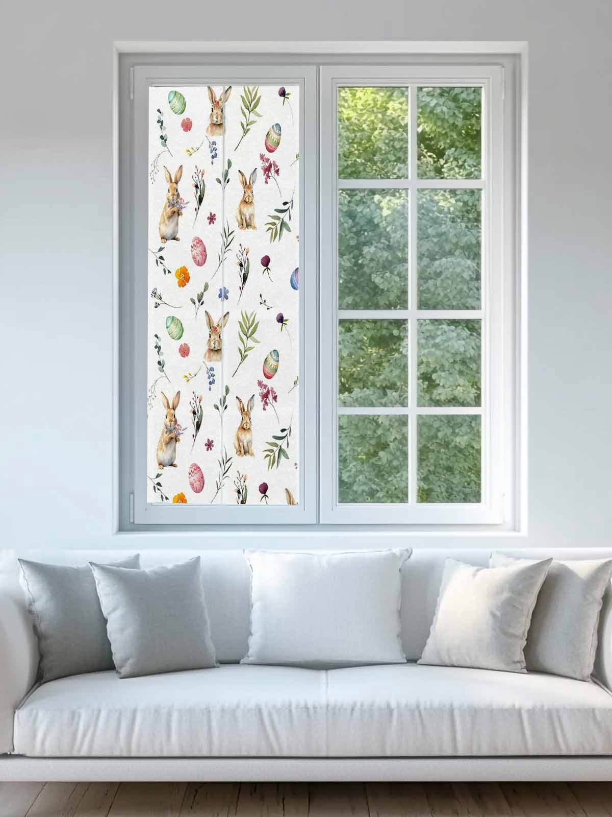 Easter Rabbits Window Privacy Film, Colorful Eggs Leaf Floral Spring Frosted Glass Window Clings Static Cling UV Heat Blocking Reusable Door Sticker for Bathroom 23.6 x 59 Inch