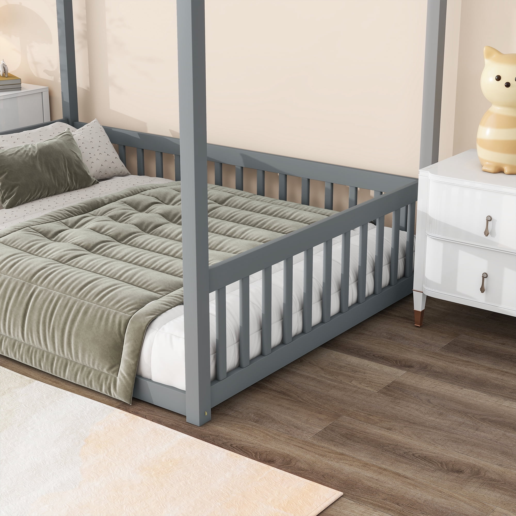 Leumius Full Size Canopy Frame Rubber Wood Floor Bed with Fence,Guardrails for Boys Girls Grey
