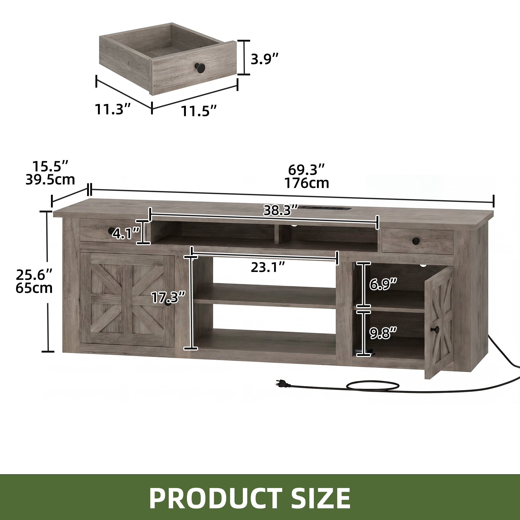 Uforic 70 Inch Modern Farmhouse TV Stand for 75/80 Inch TV with Built-in Power Outlets, 2 Cabinets & Open Compartments for Living Room, Gray
