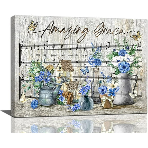 Farmhouse Bathroom Wall Art Country Rustic Christian Blue Flower Butterfly Pictures Wall Decor Religious Amazing Grace Canvas Prints Paintings Framed Artwork Home Decor For Bedroom Living Room 16"x12"