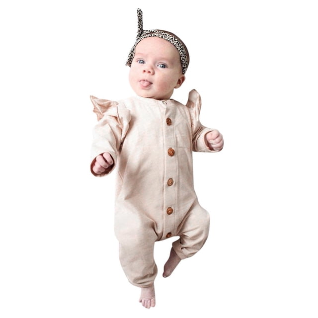 Gibobby pantalones siameses color liso sólido de manga larga para bebés recién nacidos, niños y niñas, conjuntos de diadema(Beige, 18-24 Meses)