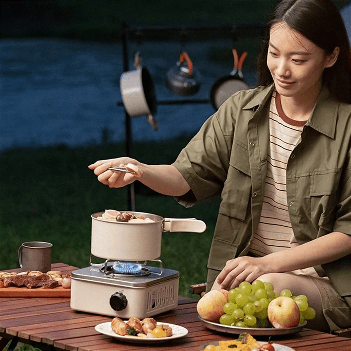 Outdoor Camping Cooking Gas Stove Strong Trips Burner Grill Super Light Travel Supplies Cooking Utensils-White