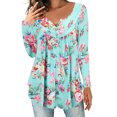 thumbnail image 5 of Gibobby Blusas Manga Larga Para Mujer Camiseta holgada de manga larga con cuello en V y hebilla floral plisada para mujer（Azul， L), 5 of 5