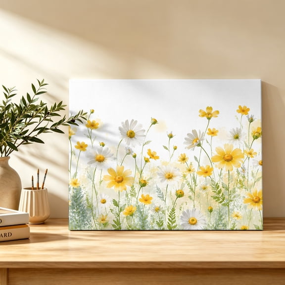 Meadow Wildflowers Canvas Wall Art, Farmhouse Yellow Daisies Green Grass Wall Art Prints Artwork Framed Canvas Ready to Hang Art Pictures for Bathroom Bedroom Entry Desk Corner 10" x 8"