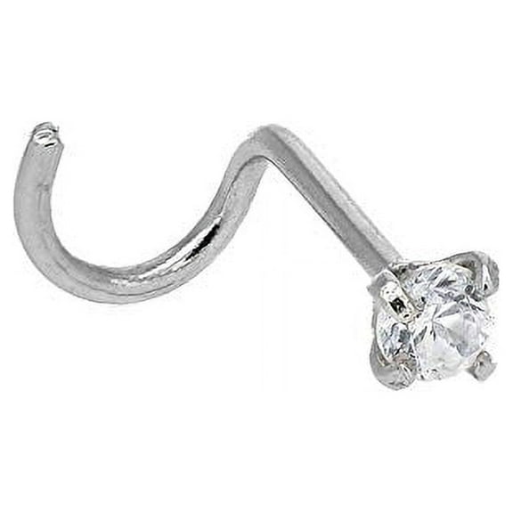 JewelStop 14K Solid White Gold Prong Set CZ Nose Screw Ring, 0.5mm 24 Gauge, 9mm Long