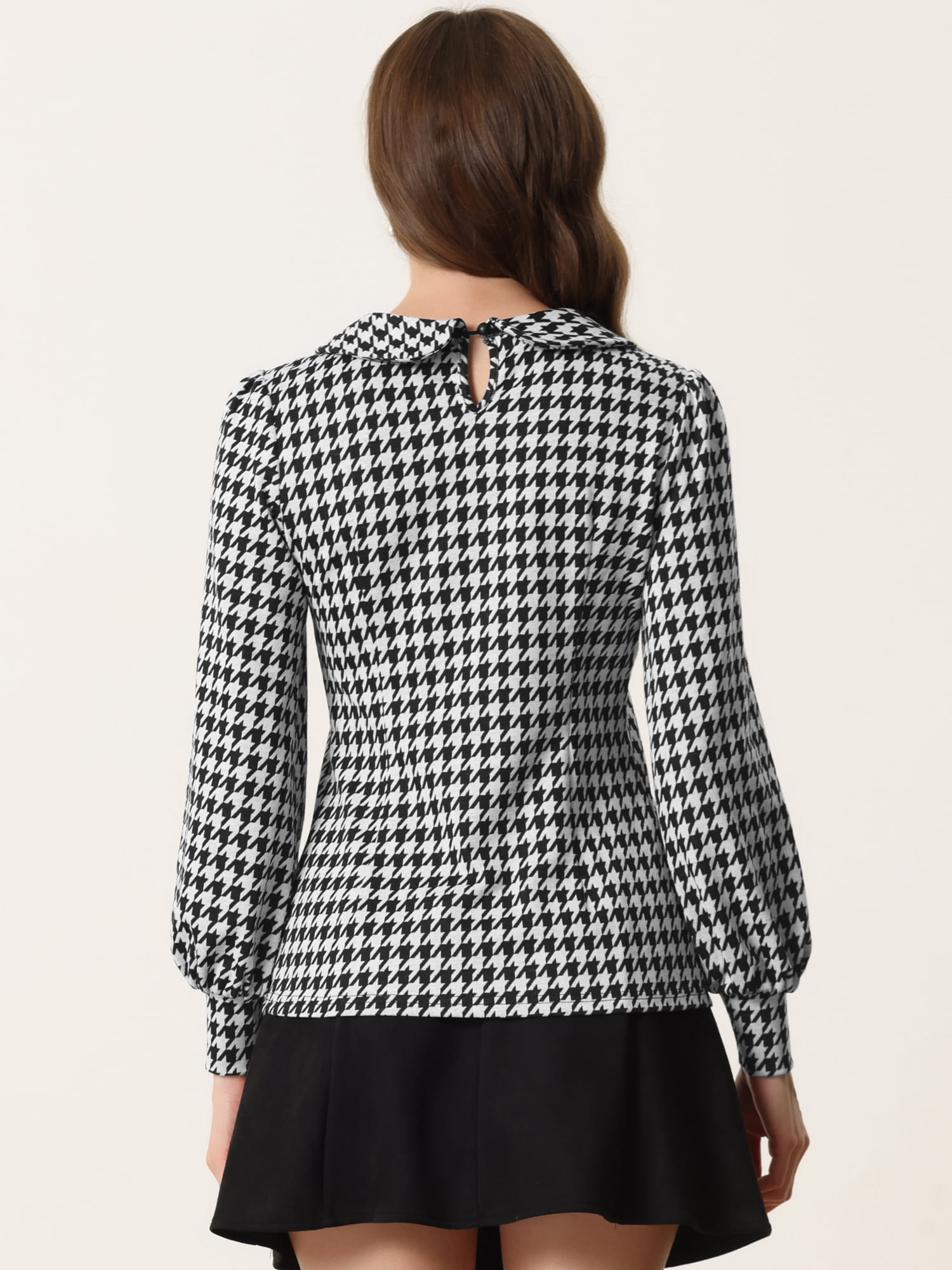 Women's Peter Pan Collar Shirt Fashion Puff Long Sleeve Houndstooth Plaid Blouse XL Black