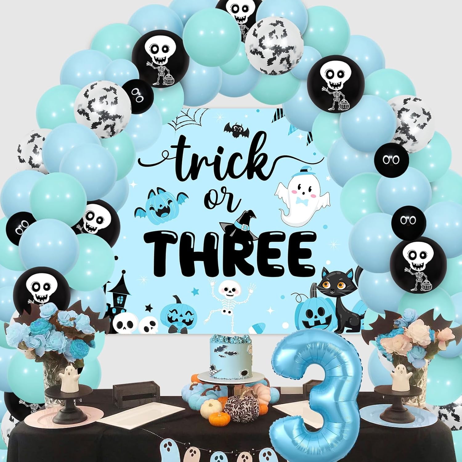 Jollyboom Halloween 3rd Birthday Party Decorations Boy, Trick Or Three Birthday Decoration Backdrop Balloon Garland Kit Number 3 Foil Balloon Blue Black for Boy Trick Or Treat Three Spirit Party