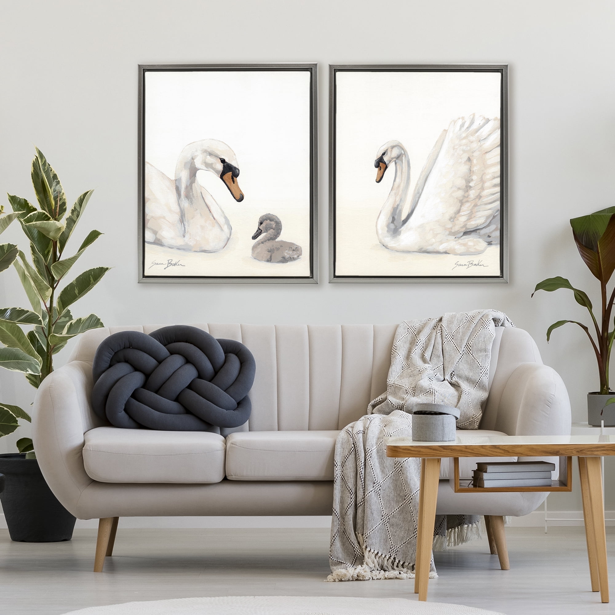 Stupell Industries Graceful Swan & Cygnet 2 Piece Gray Framed Floater Canvas Set, design by Sara Baker