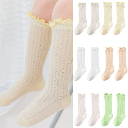

Dream Lifestyle 1 Pair Toddler Socks Mesh Design Non-slip Cotton Knee High Hollow Out Ruffled Baby Socks for Indoor