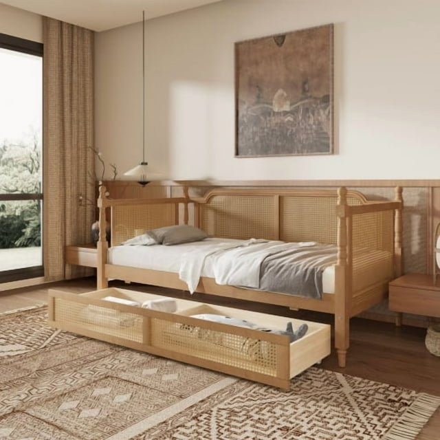 Euroco Traditional Style Rattan Twin Size Daybed with 2 Drawers, Adult, Antique Walnut