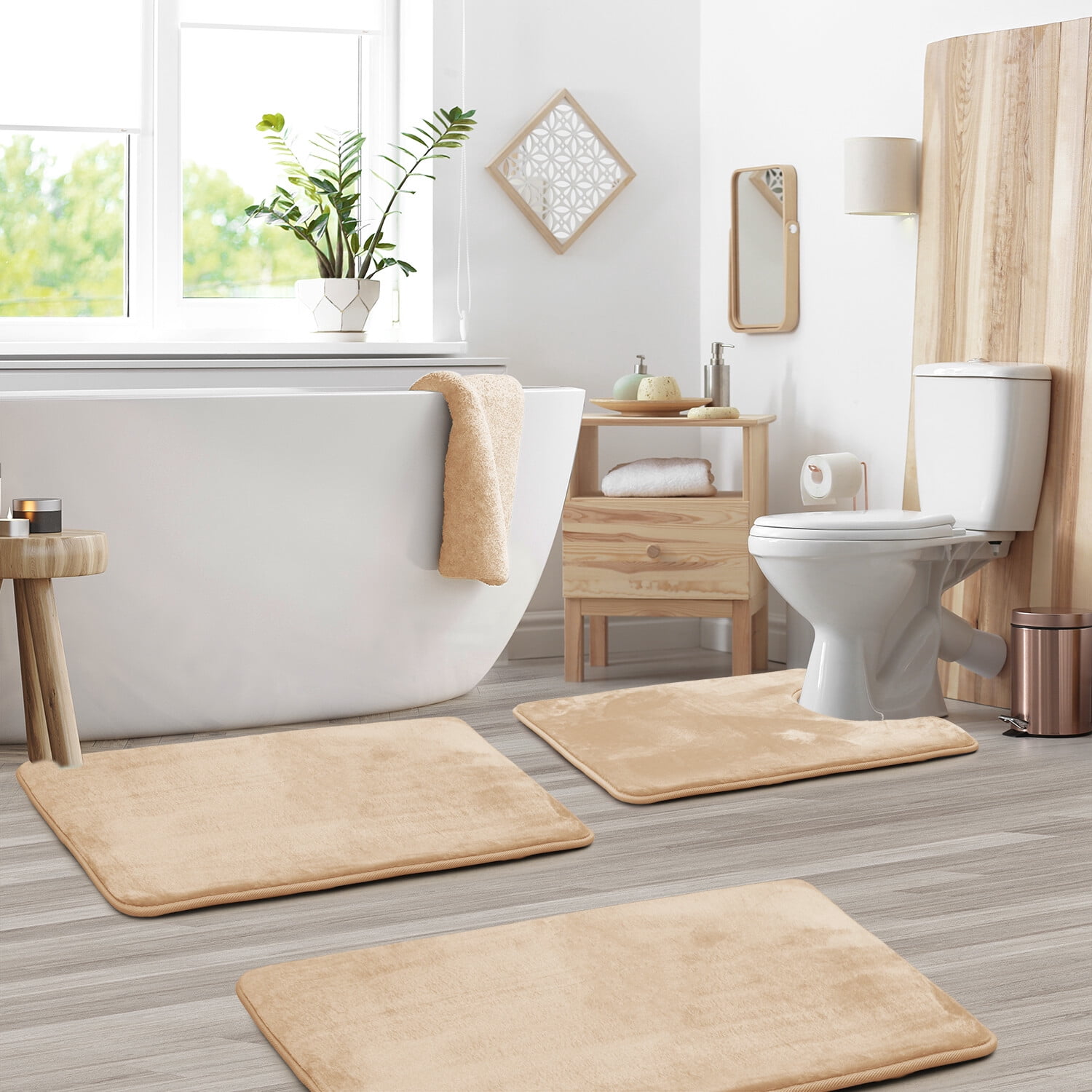 SSyao 3PC Bathroom Rug Memory Foam Bath Mat Set - Small Large and Contour Bath Rugs,Beige