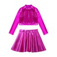 thumbnail image 3 of YEAHDOR Girls 2Pcs Metallic Latin Jazz Dance Outfit Shiny Sequins Long Sleeve Crop Top with Skating Skirt Hot Pink 12, 3 of 7