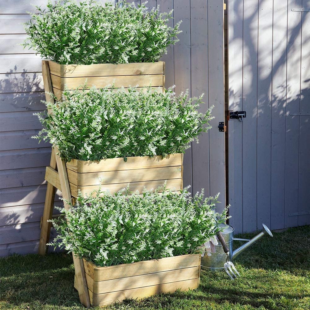 Baumaty 8 Bundles Outdoor Artificial Lavender Fake Flowers UV Resistant Shrubs, Faux Plastic Greenery for Indoor Outside Hanging Plants Garden Porch Window Box Home Wedding Farmhouse Decor (White)