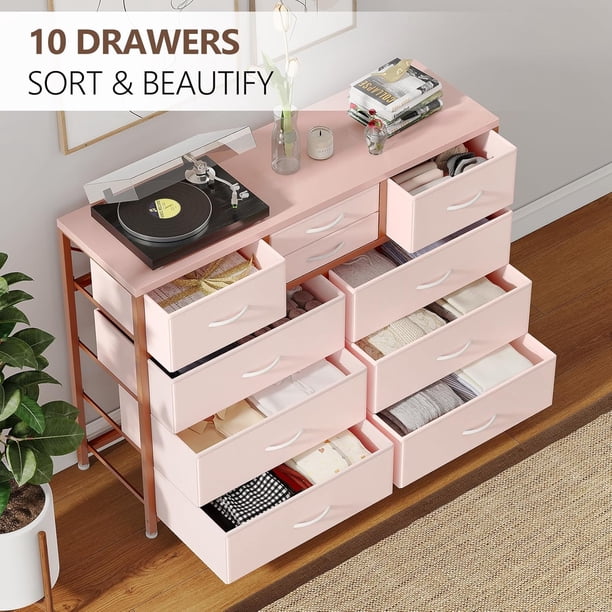 Historyli Cómoda de tela con 10 cajones para dormitorio,moderna cómoda,organizador de almacenamiento grande y ligero con compartimentos de tela para sala de estar y pasillo,mueble de TV de 139 cm