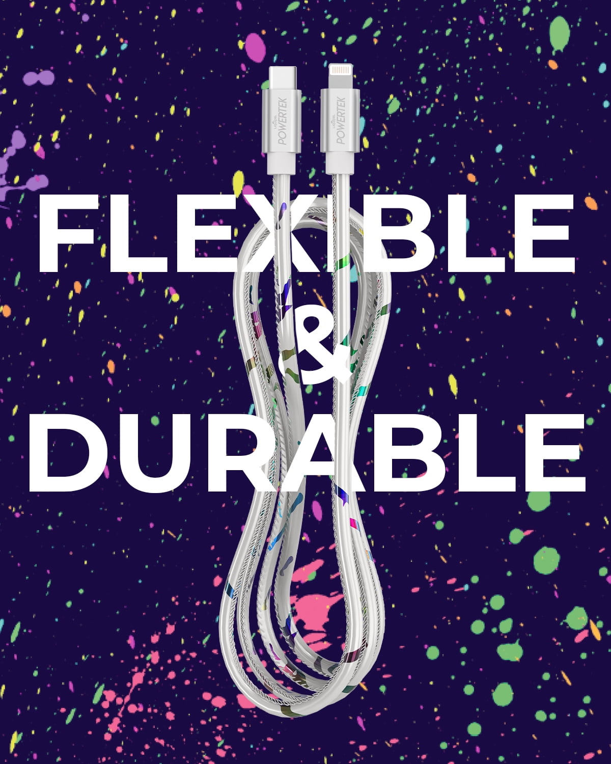 Liquipel Powertek USB C Lightning iPhone Charger Cable [MFI Certified], 6ft Fast Charging, Neon Party