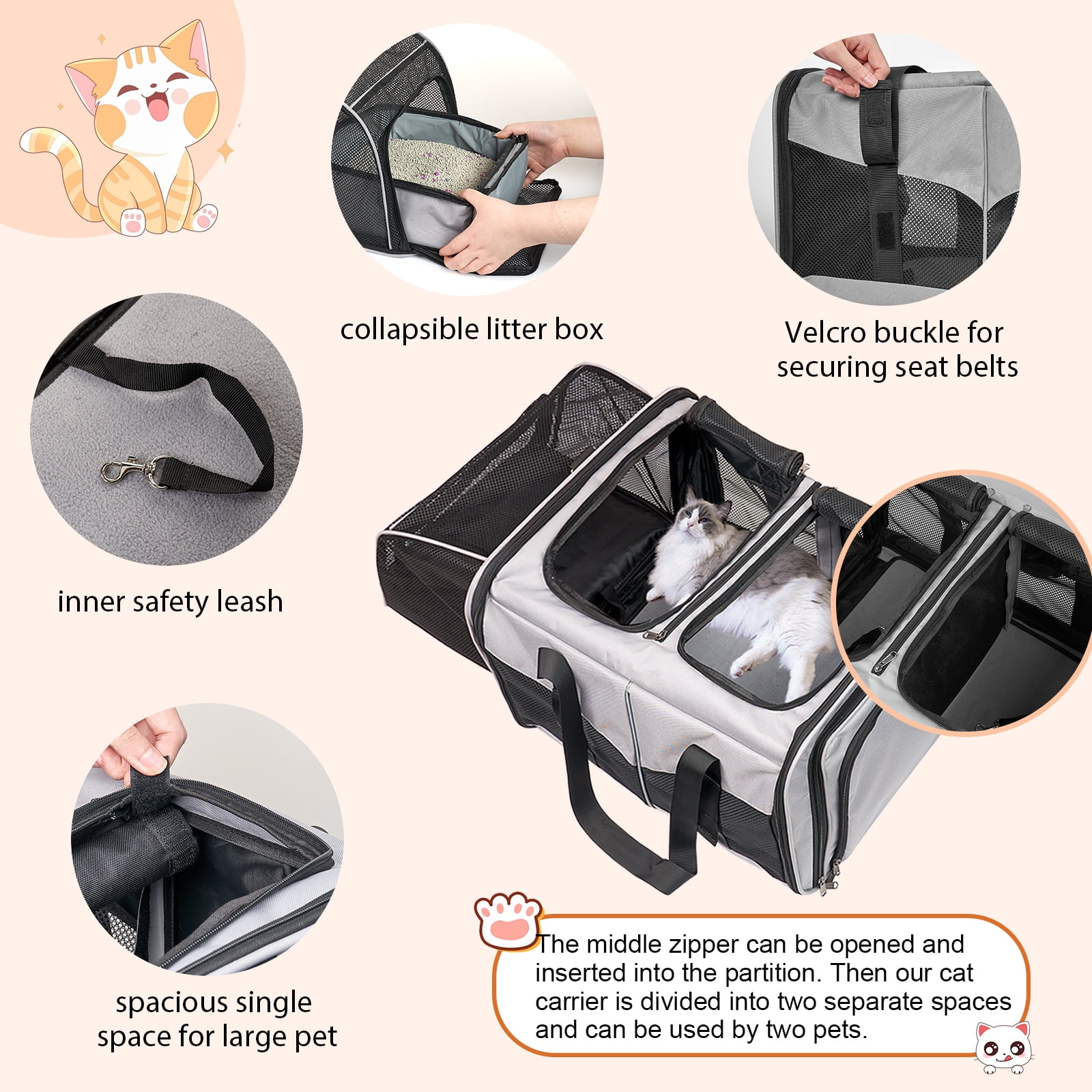 LitaiL Cat Carrier for 2 Cats, 2-in-1 Double Pet Carrier with 2 Litter Boxes, Portable Soft Sided Dog Carrier for Traveling, Gray