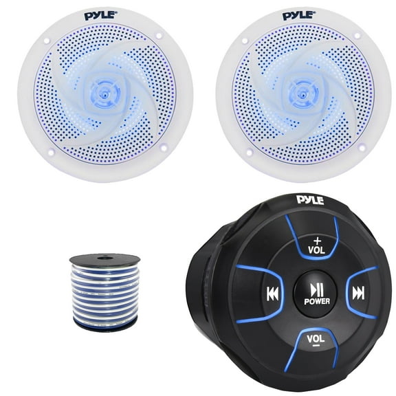 Pyle PLMRBT18 Bluetooth Audio Amplified Marine Waterproof Controller, Pyle PLMRS43WL 4" 100W Max Power 2-Way Low Profile Blue Flashing LED Boat Audio White Speakers (1 Pair), 50 Feet 18G Speaker Wire