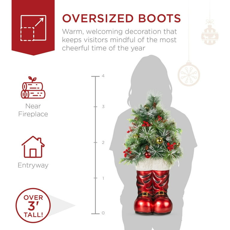 Best Choice Products 40in Santa Boots Decoration w/ Pre-Decorated Christmas Greenery, Battery-Operated Lights