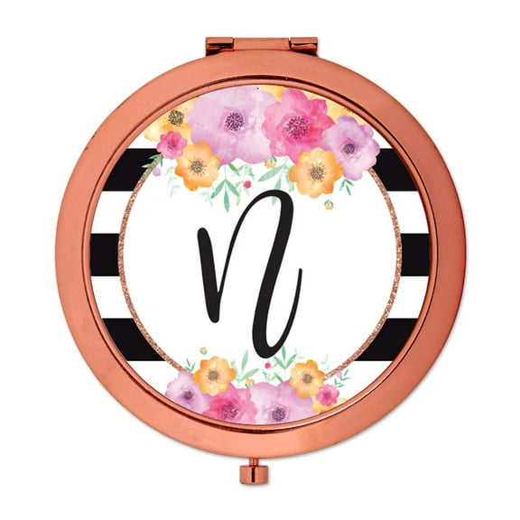 Koyal Wholesale Compact Mirror Bridesmaid's Wedding Gift, Rose Gold, Monogram Letter N, Modern Black White Stripes