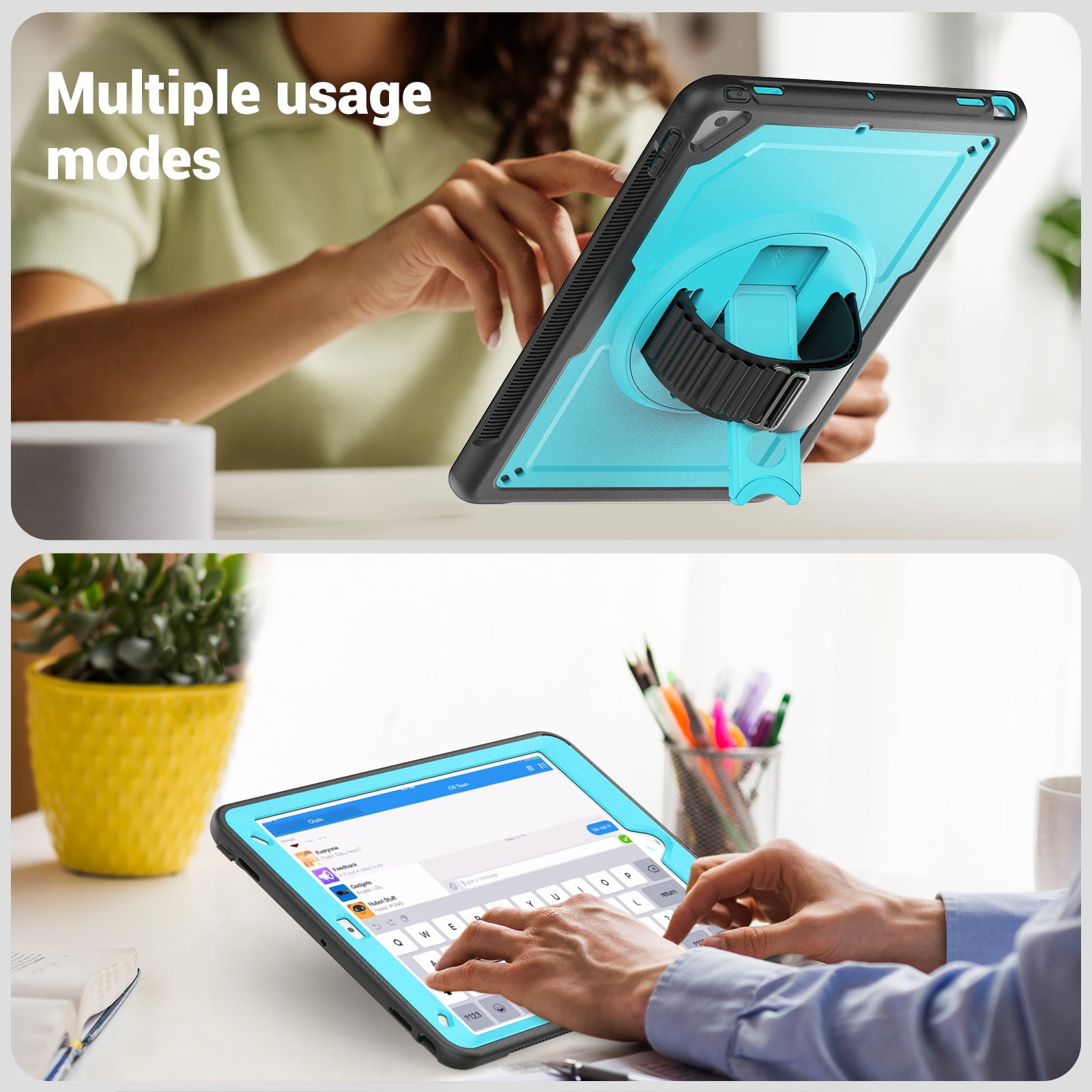 ELEHOLD Case for Apple iPad 10.2 2021/2020/2019 Pro 10.5'2017)(Air 3 10.5 (2019),Soft TPU Rugged Durable Case with 360° Rotating Hand Strap & Foldable Hidden Stand & Pencil Holder,Lightblue