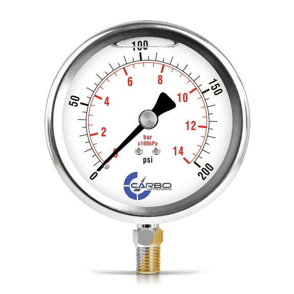 CARBO Instruments 4" Pressure Gauge, Stainless Steel Case, Chrome Plated Brass Connection, Liquid Filled, 0-200 psi/kPa, Lower Mount 1/4" NPT