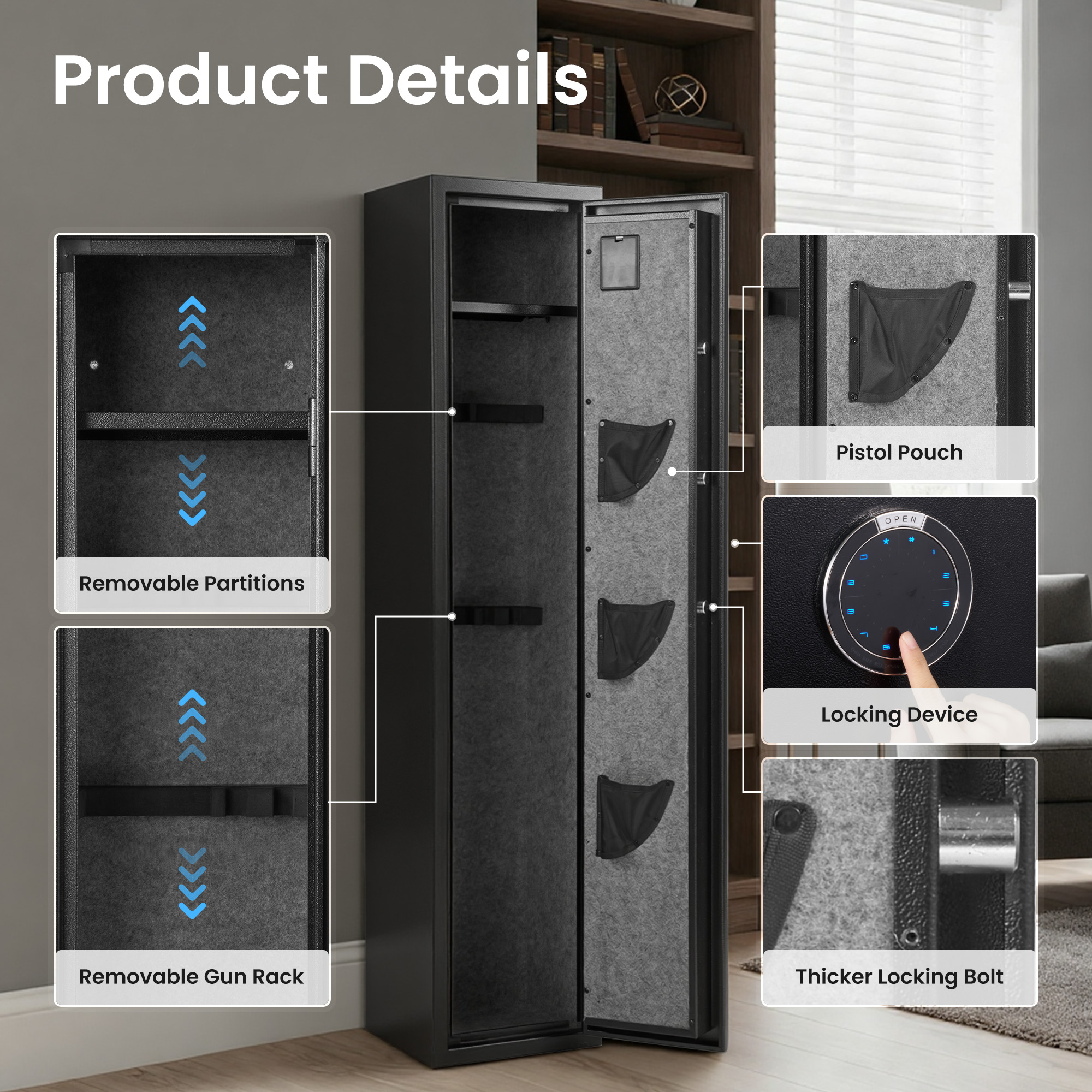 Naipo 4-6 Gun Safe, Unassembled Gun Safe for Rifles and Pistols ,Gun Cabinet with LCD Keypad and LED Light, Long Gun Rifle Safe with Removable Gun Racks and Pistol Pockets,Dual Alarm