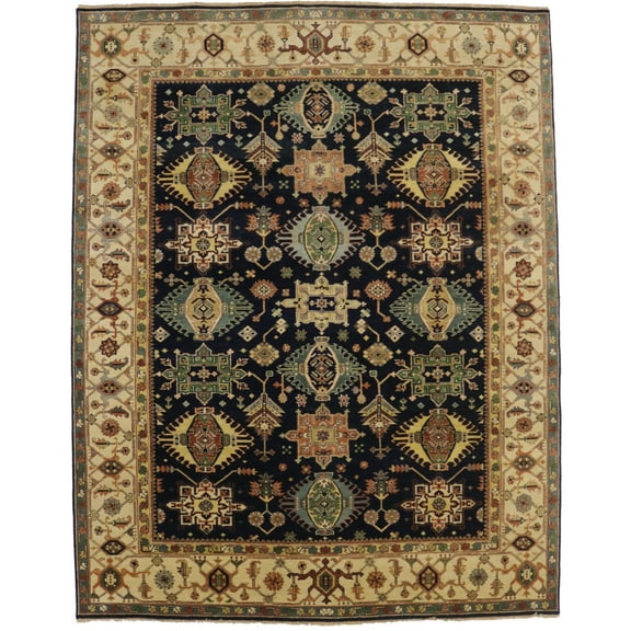 Navy & Cream Tribal Geometric 8X10 Indo-Karajeh Oriental Rug