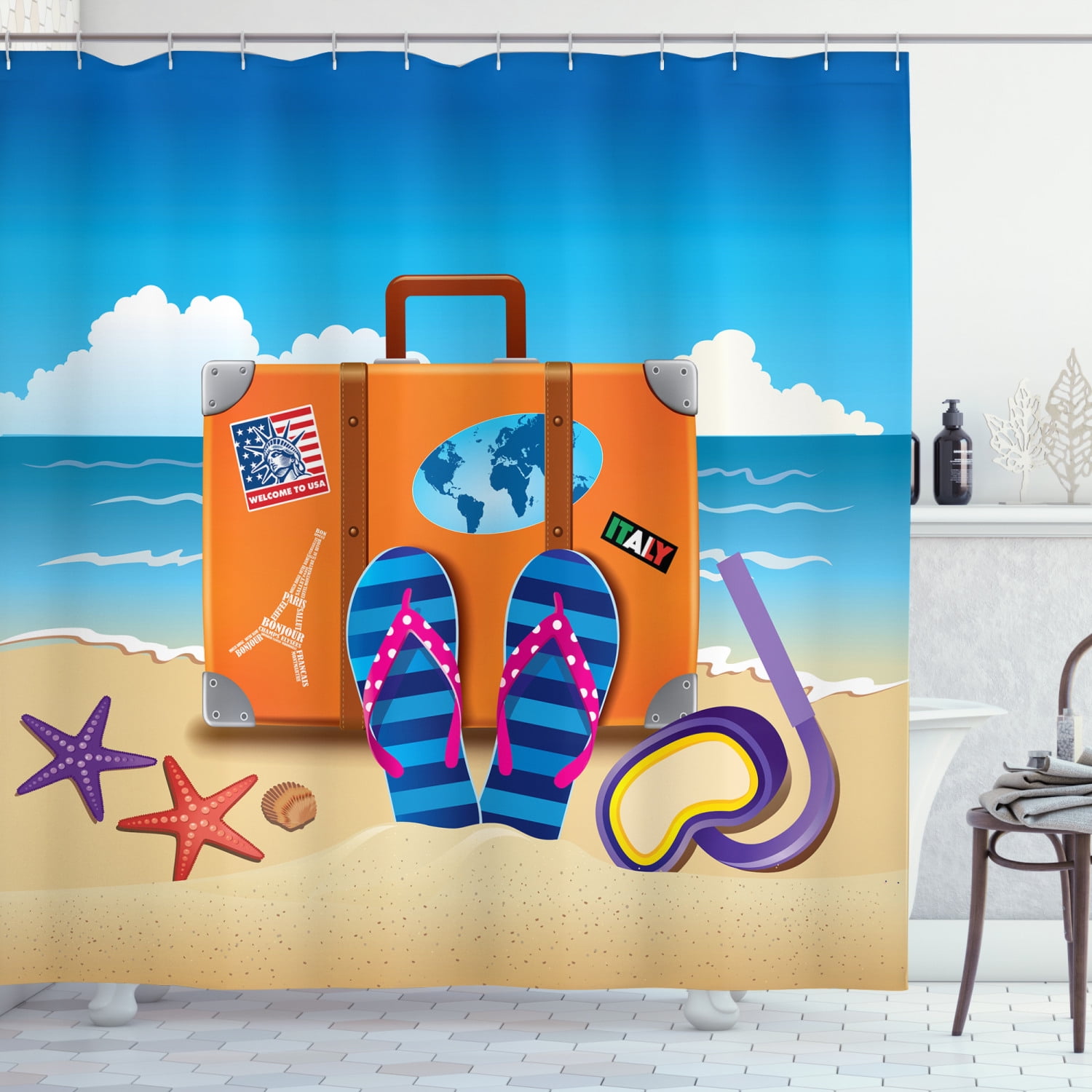 Flip Flop Shower Curtain, Illustration of Travel Suitcase with Colorful