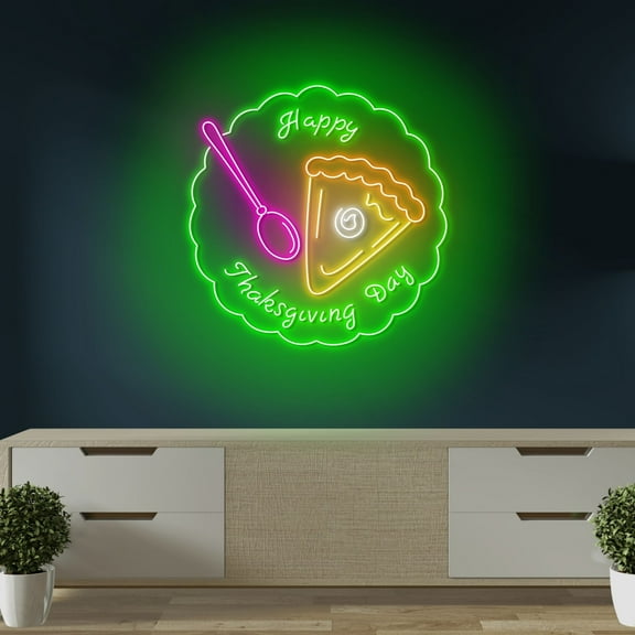 Craftnamesign Happy Thanksgiving Day Neon Light Sign, Restaurant Decor, Pumpkin Pie Wall Art