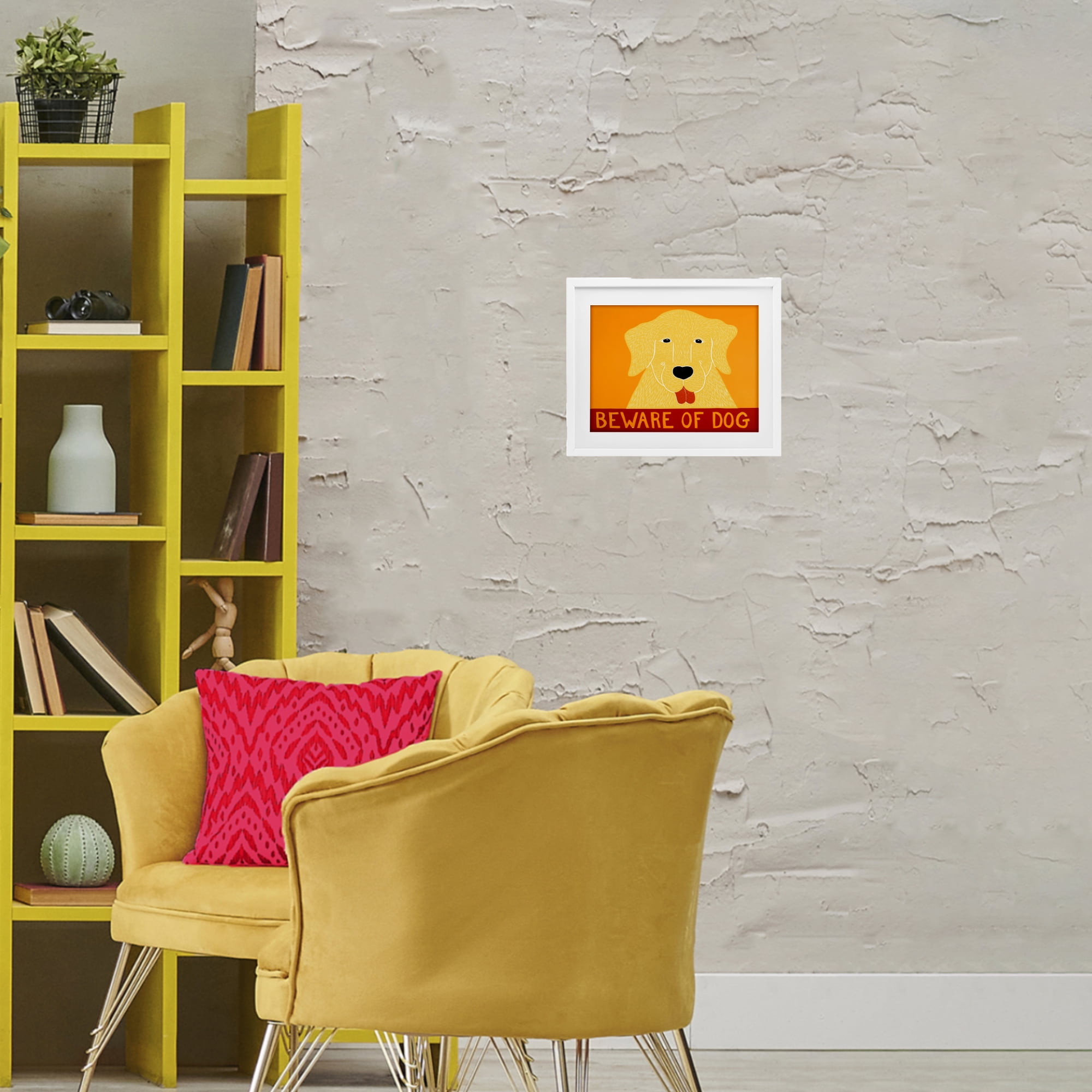 Beware Of Dog Yellow & Red White Framed Print Under Glass, design by Stephen Huneck