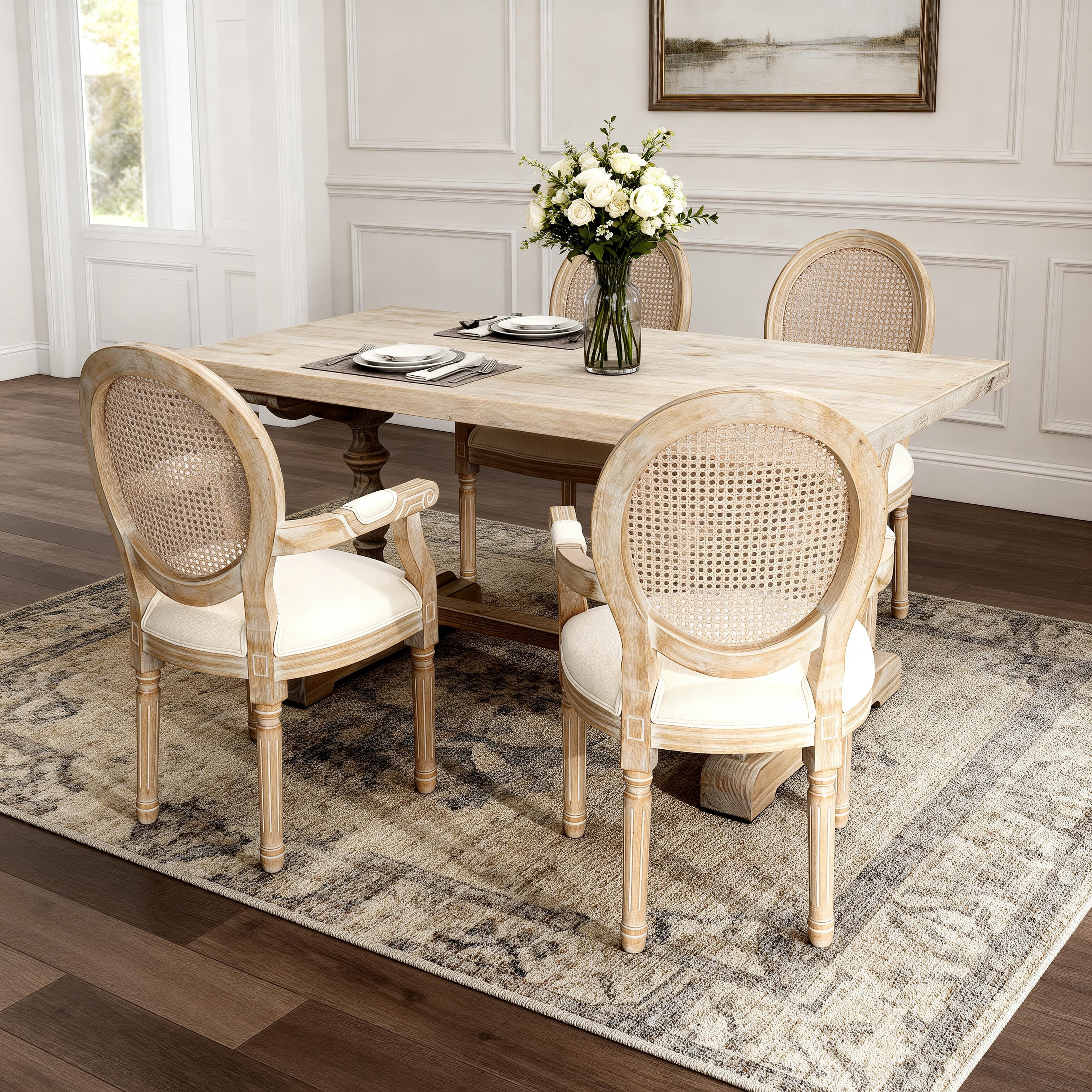 French Vintage Upholstered Dining Armchair Set of 2 with Rattan Mesh Backrest, Fabric Accent Chairs with Rubberwood Frame for Dining Room, Beige